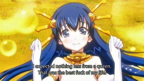 Smiling blue-haired hentai queen in gold jewelry after best fuck, explicit text overlay