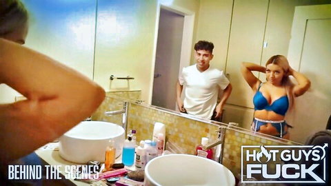 Behind the scenes of sexy teens orgy with bikini girl posing in mirror