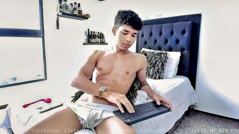 Hot shirtless Lucca in white underwear, teasing on bed