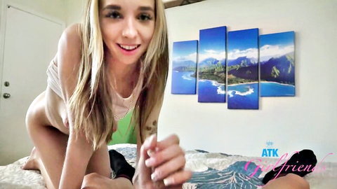 Amateur blonde babe gives footjob to older guy in POV