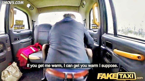 Petite British babe in red top flirts naughtily with suited taxi driver in public cab