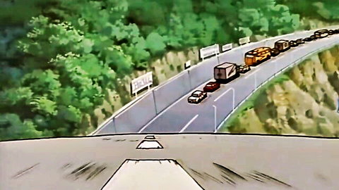 Anime hentai scene of traffic jam with trucks and cars on winding green highway