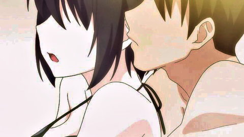 Anime hentai couple in intimate kiss, black-haired girl in white lingerie