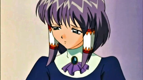 Sad purple-haired anime girl in blue dress with feather earrings