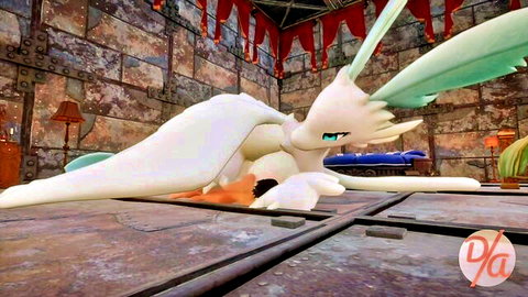 Curvy Gardevoir pokegirl rides thick cock cowgirl style with huge tits and green hair in bedroom