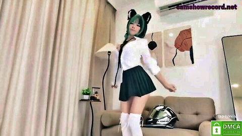 Baeasian in sexy catgirl cosplay with green hair, skirt and stockings camshow