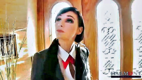 Seductive young harlot in suit gazes up at headmaster James Deen