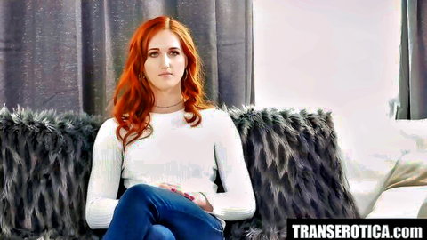 Pretty trans Rachael Belle in white sweater and jeans, Trans Erotica