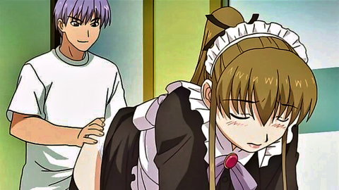Anime maid in frilly black dress bent over by purple-haired guy in suggestive pose