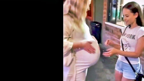 Pregnant blonde Lauren and young brunette Arie in casual outdoor chat