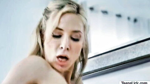Aiden Ashley blonde beauty with ecstatic open mouth in hot lesbian squirt scene