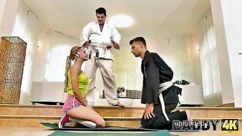 Jenny Doll blindfolded in karate threesome with daddies, Daddy’s Legendary Sex Skills