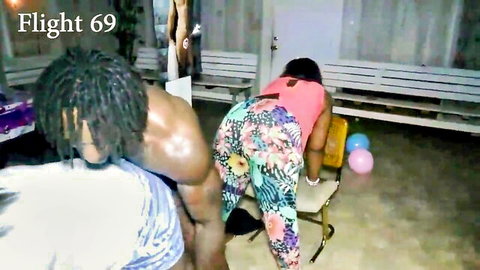 Curvy ebony woman bent over for muscular black guy in party scene