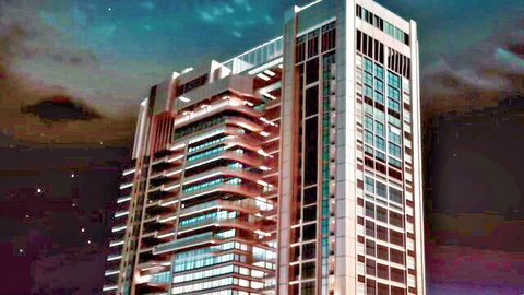 Futuristic skyscraper glowing at night in Nexuss adult video thumbnail