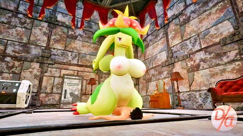 Dinossom monster girl with massive tits dominating nude human in Palworld NSFW mod