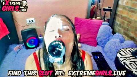Insane camgirl deepthroat with messy saliva bath facial