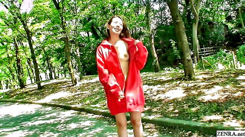 Japanese MILF flashing bare breasts in open red hoodie at public park, uncensored JAV