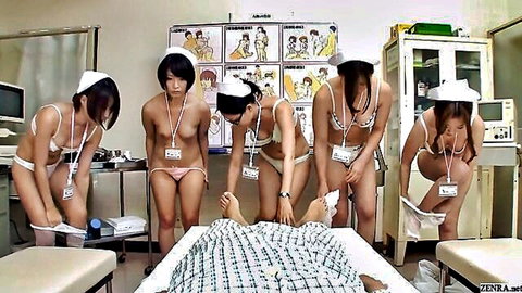 JAV CMNF group of Asian nurses stripping nude around patient bed