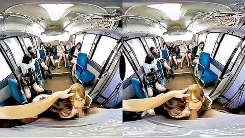 VR fisheye POV of Japanese girls upskirts flashing panties on crowded subway train