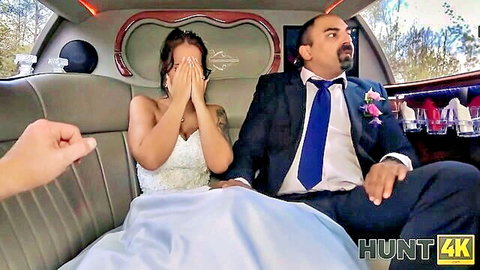 Jennifer Mendez as emotional bride in wedding dress beside groom in limo, Hunt4K