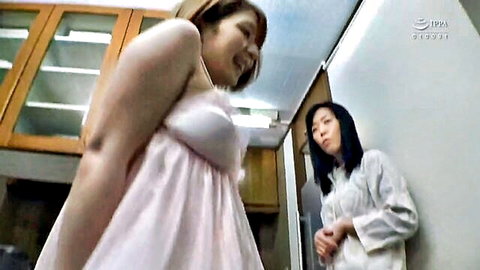 Asian MILF in pink dress showing cleavage with girlfriend's daughter