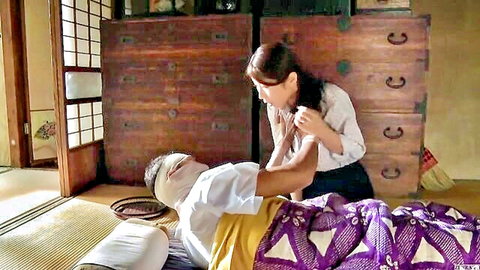 Japanese MILF housewife massages blindfolded husband's arm in erotic couple roleplay