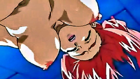 Busty anime futanari redhead with exposed breasts and cumshots in hentai scene