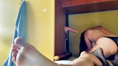 Fishnet babe pussy exposed doggy fucked by stud while deepthroating pink suction dildo