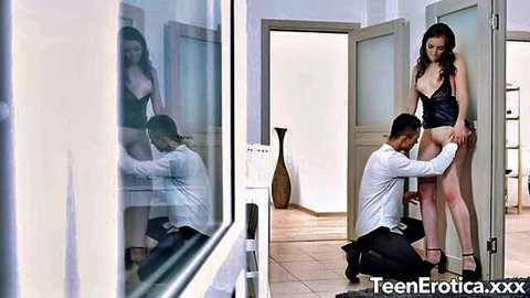 Tall teen Vika Lita in black lingerie teased by kneeling stud on hot date