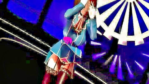 Anime idol in tight blue latex dress with stockings on stage