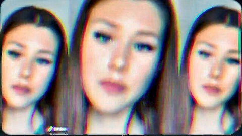 Young Asian woman with long brown hair in glitchy triptych portrait