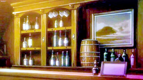 Cozy hentai bar interior with wooden shelves stocked with liquor bottles and barrel