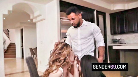 Muscular man drilling hot transsexuals in intense threesome