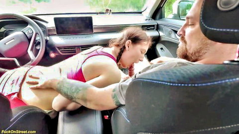 Amateur Asian woman in car anal sex with bearded instructor