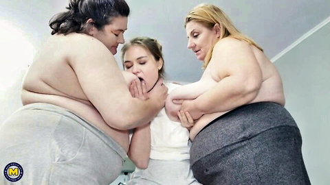 Edina and Maya fat sluts intimately touching skinny babe in threesome