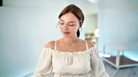 Floret Joy shy young teen in off-shoulder white blouse, skinny Chaturbate model