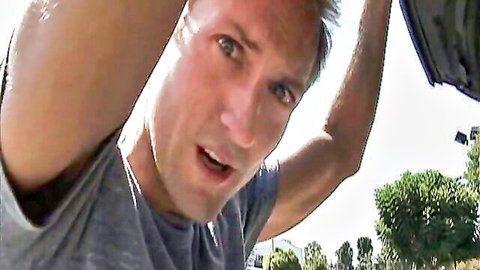 Shocked athletic guy in gray tee for extreme amateur cum swallow video