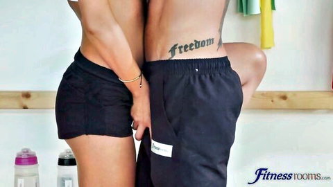 Attractive cougar embraces topless stud in steamy fitness hookup