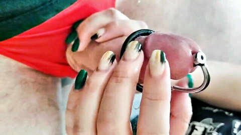 Femdom hand with green nails training caged cock via urethral sounding BDSM