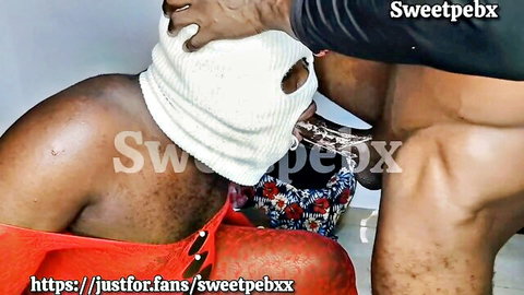 Sweetpebx masked ebony babe gives oral to thug with huge cock