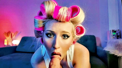 Busty blonde Alicewarmheart in curlers gives seductive POV blowjob