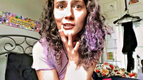 Violethooper teasing in pink top, skinny cutie with purple curly hair