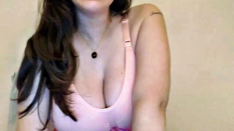 Eyecandybella pregnant with big boobs in pink bra, Chaturbate tease