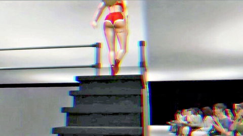 Large black ass in red thong bikini walking up runway stairs