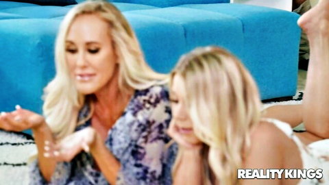 Brandi Love and blonde in steamy threesome preview on couch