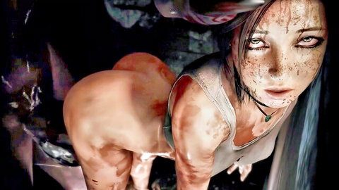 Lara Croft cosplay bent over with exposed ass and muddy body
