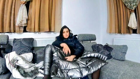 MilfyCalla teases in sexy black jacket and shiny leather pants solo play