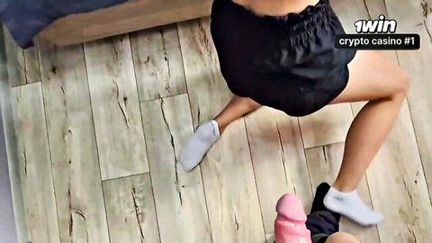SWife Katy squatting in tight shorts and socks with pink dildo, amateur solo tease
