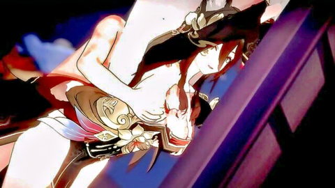 Anime girl in red kimono hugs nude man from behind in erotic embrace