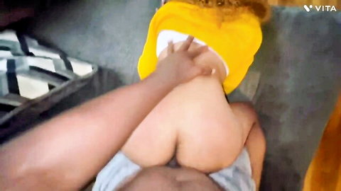 Black hand spreads juicy white babe's bare ass cheeks and pink pussy in yellow top bent over doggystyle